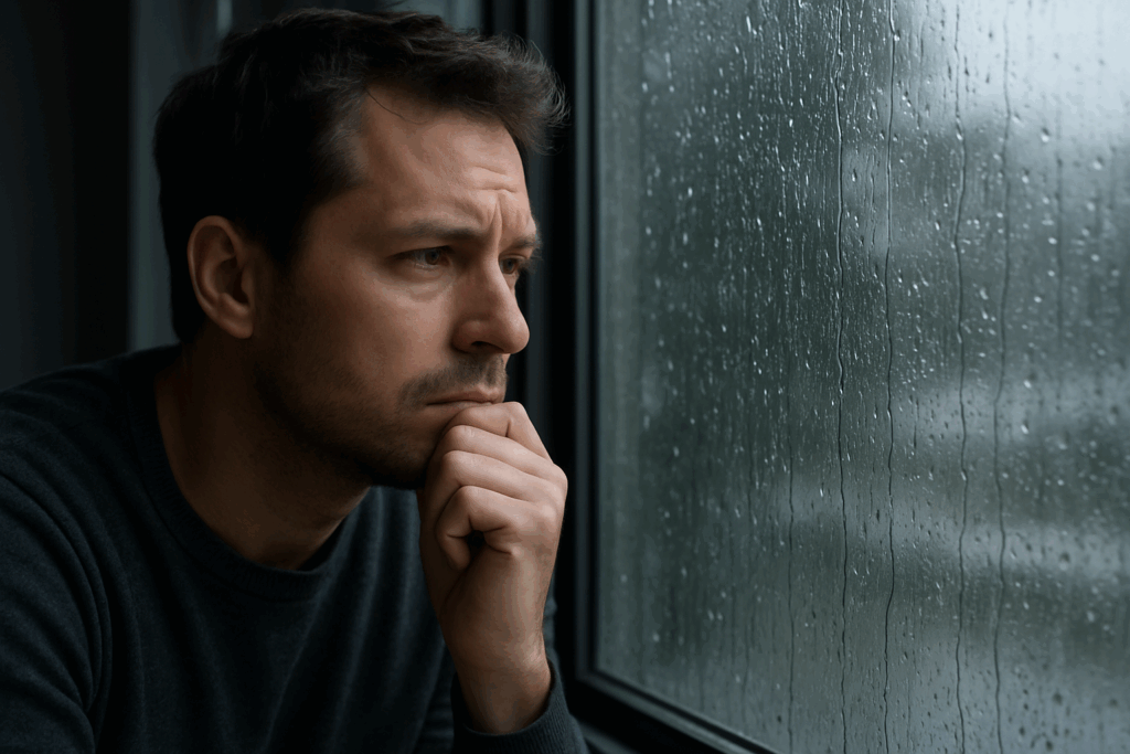Coup de blues : comment l’identifier et s’en libérer naturellement Image d'une homme pensif qui regarde par la fenêtre. Le temps à l'extérieur est pluvieux. Son expression du visage montre qu'il vit un coup de blues.