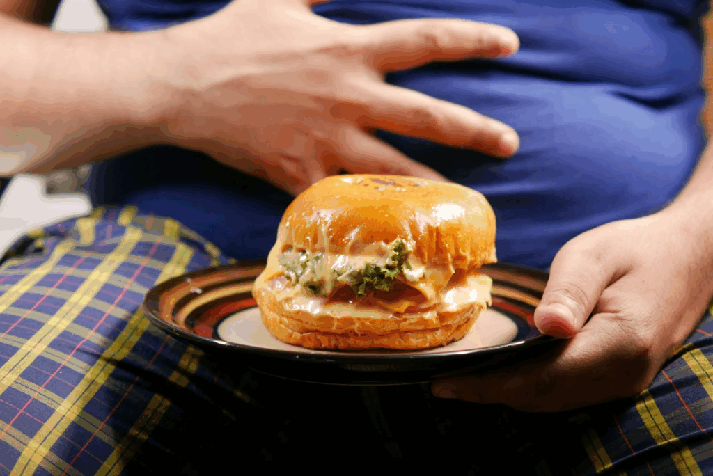 Aliments Anti-Stress : Votre Arme Naturelle Contre l'Anxiété au Quotidien Photo d'un burger avec une personne qui se tient le ventre en arrière-plan